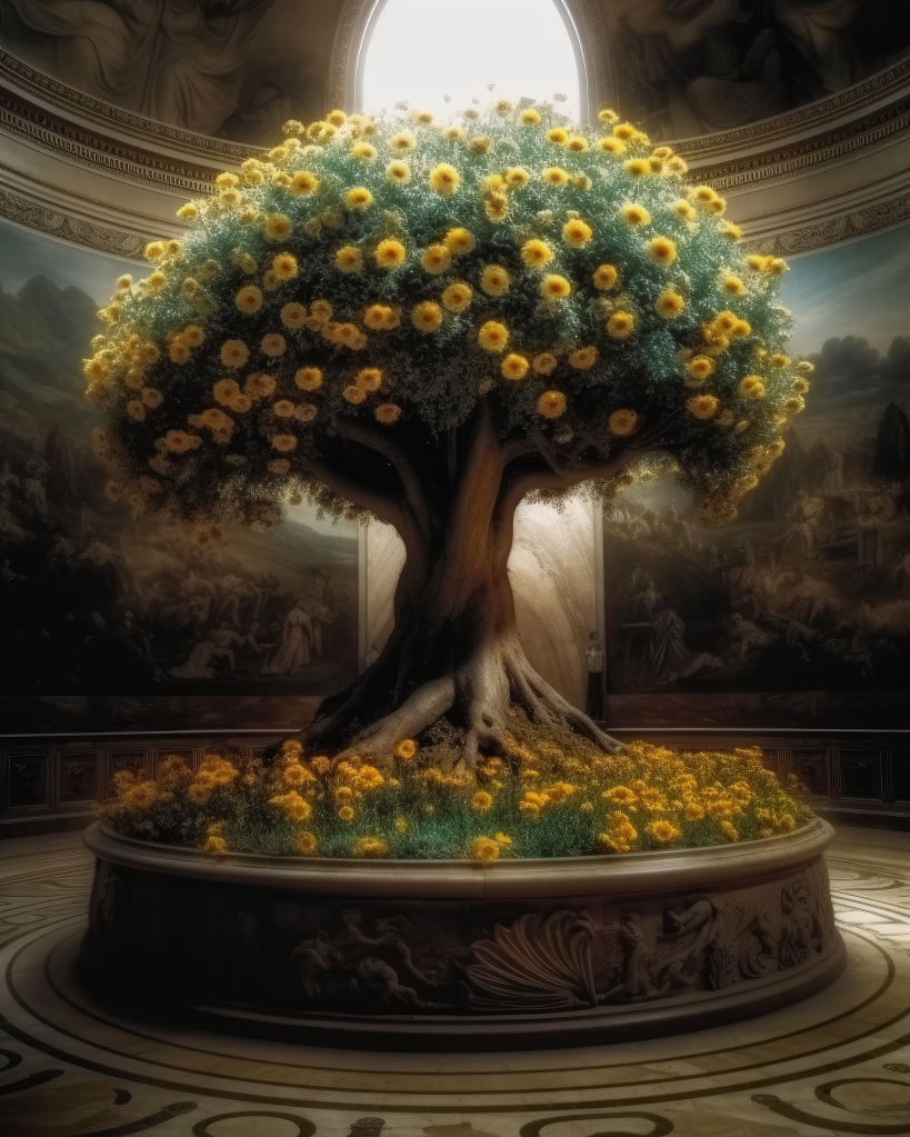 Artwork by Artist Rocco Tanica for Linkontro 2023. Company: Conad A century-old tree with daisies